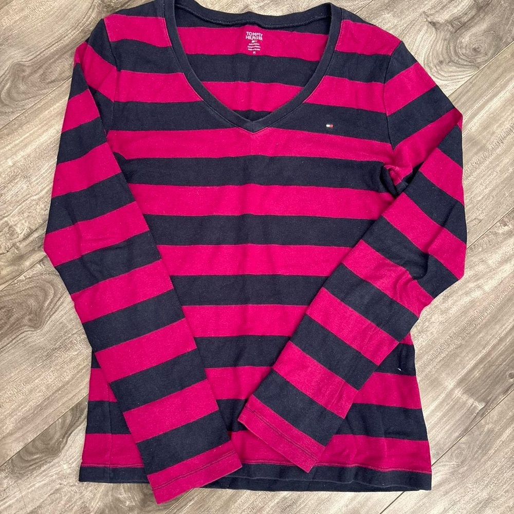 Tommy Hilfiger Pink and Black Striped Long Sleeve Top